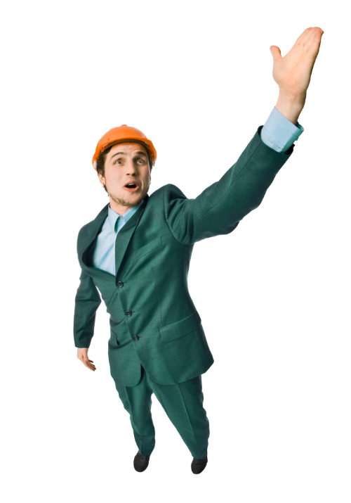 Mann mit Bauhelm streckt die Hand nach der Überschrift aus