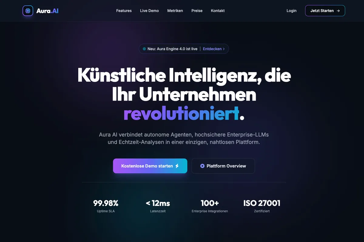 Generische KI-Startseite „Aura.AI“ mit lila-blauem Verlauf, Schlagwörtern und Standard-Kennzahlen